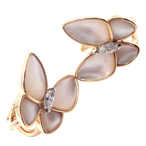 Van Cleef & Arpels 18k Rose Gold Diamond MoP Two Butterfly Earrings Cert - Picture 1 of 10